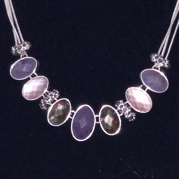 Napier Silver-Tone Egg Shaped Purple Landscape Collar Necklace and Earings - Picture 2 of 5